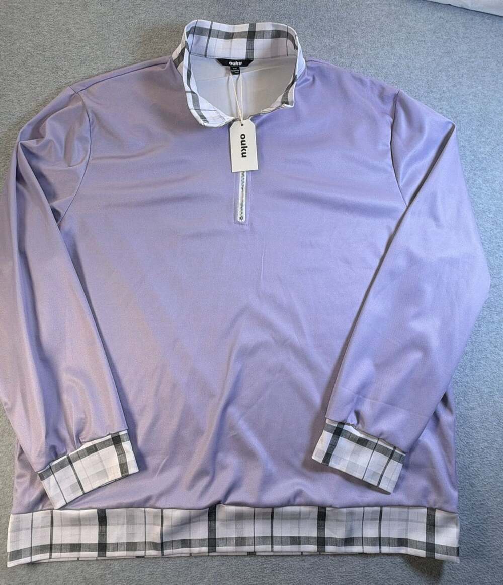 ouku Quarter-Zip Pullover Size XXL Purple Plaid Trim